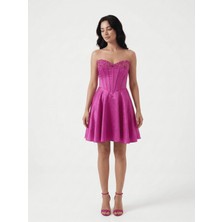 Bdm Exclusive Straplez Inci ve Boncuk Detaylı Kısa Mini Abiye Elbise