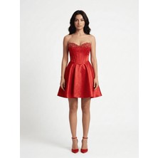 Bdm Exclusive Straplez Inci ve Boncuk Detaylı Kısa Mini Abiye Elbise