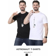 GezegenX Ikili (2)Erkek Tişört Astronotlu %100 Pamuklu T-Shirt Günlük Kullanıma Uygun Baskılı Siyah ve Beyaz