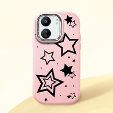 HONTINGA Redmi 13C ile Uyumlu Kılıfı Kamera Korumalı Düşüme Önleyici Basitlik Pembe Yumuşak Silikon Telefon Kılıfı Siyah Yıldız Desenli K4-0245