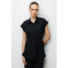 On Fashion Yelek Çizgili Önü Fermuarlı Beli Kuşaklı