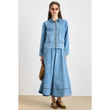Olcay Fermuar Kapamalı Ceket Etek Denim Takım MAVİ 9447-TK