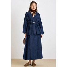 Olcay Beli Lastikli Taşlı Çıt Çıtlı Ceket Etek Denim Takım LACİVERT 9445-TK