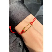 Spossy Silver Jewelry 925 Ayar Gümüş, Gold, Çengel Kırmızı İpli Bileklik, SPB1291
