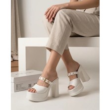 Asmi Shoes Kadın Soha Beyaz Toka Detaylı 12 Cm Ortopedik Platform Topuklu Terlik  Beyaz