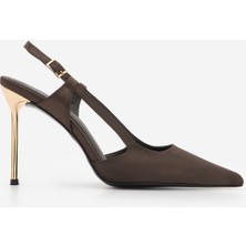 Marjin Kadın Stiletto Sivri Burun Arkası ve Yanları Açık Altın Boyama Ökçeli Ince Topuklu Ayakkabı Rigen Kahve Saten