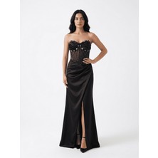 BDM Exclusive Bdm Exclusıve Straplez Çicek Taş Detaylı Yırtmaçlı Uzun Saten Abiye Elbise