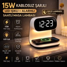 Polham 15W Kablosuz Şarjlı LED Masa Lambası Saat | Alarm Özellikli Dijital Saat | Gece Lambası | LED Ekran