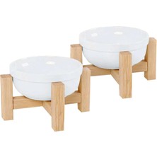 Storemax NO35 Gobypet Always The Best Mama Kabı, Ahşap Kedi Mama Kabı, (Iki Adet), Kedi Mama Su Kabı, Ahşap Standlı Kedi Köpek Mama ve Su Kabı, Seramik Mama Kabı (Beyaz Seramik)