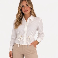 Zg Fashion Büzgü Detaylı Bel Bel Bağcıklı Beyaz Gömlek Gold Düğmeli Kadın Gömlek