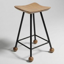 Wood Stone Art Tabure Set - 55 cm Beyaz Siyah Metal Ayaklı Masif Ahşap Kavisli Ada Mutfak Taburesi