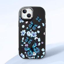 HONTINGA iPhone 14 Plus ile Uyumlu Kılıfı Kamera Korumalı Düşüme Önleyici Basitlik Siyah Yumuşak Silikon Telefon Kılıfı Mavi Kelebek Desenli K4-0230