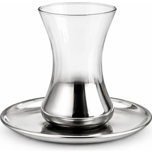 Lav 6'lı Çay Bardağı ve Tabak Seti | Metal Tabanlı Cam Çay Bardağı Takımı | Modern Çay Servis Seti