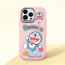 HONTINGA iPhone 13 Pro ile Uyumlu Kılıfı Kamera Korumalı Düşüme Önleyici Basitlik Pembe Yumuşak Silikon Telefon Kılıfı Doraemon Desenli K4-0251