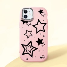 HONTINGA iPhone 12 ile Uyumlu Kılıfı Kamera Korumalı Düşüme Önleyici Basitlik Pembe Yumuşak Silikon Telefon Kılıfı Siyah Yıldız Desenli K4-0245