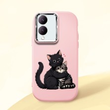 HONTINGA Vivo Y28 ile Uyumlu Kılıfı Kamera Korumalı Düşüme Önleyici Basitlik Pembe Yumuşak Silikon Telefon Kılıfı Kedi Desenli K4-0235
