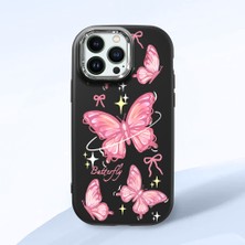 HONTINGA iPhone 13 Pro Max ile Uyumlu Kılıfı Kamera Korumalı Düşüme Önleyici Basitlik Siyah Yumuşak Silikon Telefon Kılıfı Pembe Kelebek Desenli K4-0256