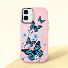 HONTINGA iPhone 16 Plus ile Uyumlu Kılıfı Kamera Korumalı Düşüme Önleyici Basitlik Pembe Yumuşak Silikon Telefon Kılıfı Mavi Kelebek Desenli K4-0230