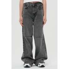 Haykids Unisex Koyu Gri Geniş Paça Dikiş Detaylı Jean Bol Kesim Alt Giyim Kot Pantolon