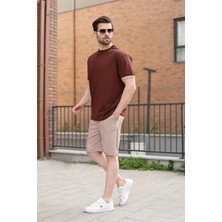 Madmext Acı Kahverengi %100 Pamuklu Bisiklet Yaka Şort Tişört Takım E7359