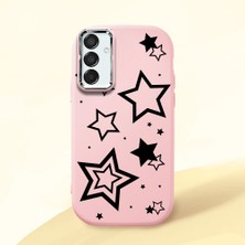 HONTINGA Samsung Galaxy M15 ile Uyumlu Kılıfı Kamera Korumalı Düşüme Önleyici Basitlik Pembe Yumuşak Silikon Telefon Kılıfı Siyah Yıldız Desenli K4-0245