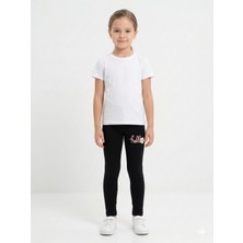 İncili Kız Çocuk Pamuklu "hello" Nakışlı Esnek Tayt | Okul ve Günlük Rahatlık-Siyah