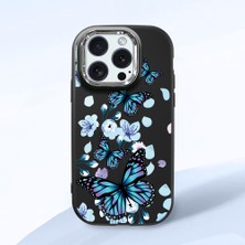 HONTINGA iPhone 15 Pro ile Uyumlu Kılıfı Kamera Korumalı Düşüme Önleyici Basitlik Siyah Yumuşak Silikon Telefon Kılıfı Mavi Kelebek Desenli K4-0230