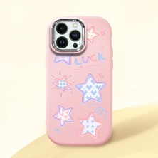 HONTINGA iPhone 14 Pro ile Uyumlu Kılıfı Kamera Korumalı Düşüme Önleyici Basitlik Pembe Yumuşak Silikon Telefon Kılıfı Renkli Yıldızlar Desenli K4-0248
