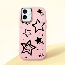 HONTINGA iPhone 16 Plus ile Uyumlu Kılıfı Kamera Korumalı Düşüme Önleyici Basitlik Pembe Yumuşak Silikon Telefon Kılıfı Siyah Yıldız Desenli K4-0245