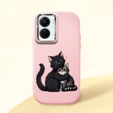 HONTINGA Vivo Y02S ile Uyumlu Kılıfı Kamera Korumalı Düşüme Önleyici Basitlik Pembe Yumuşak Silikon Telefon Kılıfı Kedi Desenli K4-0235