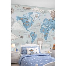 Dreamwall Eğitici Dünya Haritası Tek Parça Tekstil Duvar Kağıdı - Mavi Macera Serisi