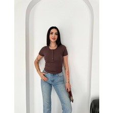 Piove Düğmeli Ribana Crop Bluz – Brown Elegance