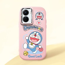 HONTINGA Vivo Y02S ile Uyumlu Kılıfı Kamera Korumalı Düşüme Önleyici Basitlik Pembe Yumuşak Silikon Telefon Kılıfı Doraemon Desenli K4-0251