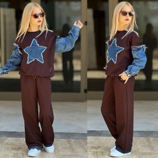 Rapapa Kız Çocuk Yıldız Detaylı Kot Balon Kollu Eşofman Takımı Alt Üst Takım 2591KA