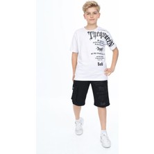 Rapapa Beyaz Baskılı Erkek Çocuk Tişört Siyah Şort Takım – Yazlık Rahat Spor Kombin 0903B