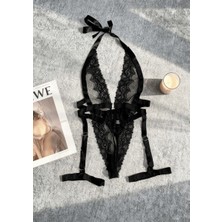 Gece İncisi Siyah Derin Göğüs Dekolteli Jartiyerli Bodysuit