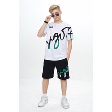 Rapapa Erkek Çocuk Baskılı Şortlu Takım Beyaz Tişört Siyah Şort Yazlık Spor Takım 0903K