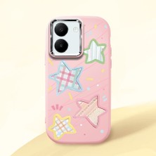 HONTINGA Vivo Y27 ile Uyumlu Kılıfı Kamera Korumalı Düşüme Önleyici Basitlik Pembe Yumuşak Silikon Telefon Kılıfı Renkli Yıldız Desenli K4-0247