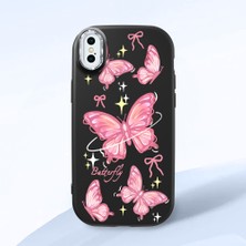 HONTINGA iPhone Xs Max ile Uyumlu Kılıfı Kamera Korumalı Düşüme Önleyici Basitlik Siyah Yumuşak Silikon Telefon Kılıfı Pembe Kelebek Desenli K4-0256