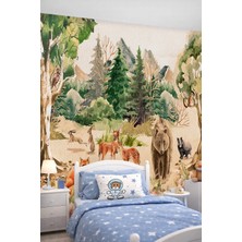 Dreamwall Sulu Boya Orman Hayvanları ve Ayı Figürlü Tek Parça Tekstil Duvar Kağıdı