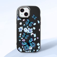 HONTINGA iPhone 15 ile Uyumlu Kılıfı Kamera Korumalı Düşüme Önleyici Basitlik Siyah Yumuşak Silikon Telefon Kılıfı Mavi Kelebek Desenli K4-0230