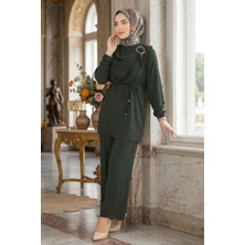 Hafsa Mina Yandan Tokalı Pantolonlu Ayrobin Takım Haki HM2901