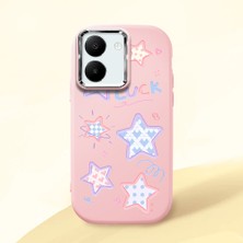 HONTINGA Vivo Y27 ile Uyumlu Kılıfı Kamera Korumalı Düşüme Önleyici Basitlik Pembe Yumuşak Silikon Telefon Kılıfı Renkli Yıldızlar Desenli K4-0248