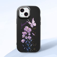 HONTINGA iPhone 15 ile Uyumlu Kılıfı Kamera Korumalı Düşüme Önleyici Basitlik Siyah Yumuşak Silikon Telefon Kılıfı Mor Kelebek Desenli K4-0244