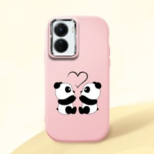 HONTINGA Vivo Y02S ile Uyumlu Kılıfı Kamera Korumalı Düşüme Önleyici Basitlik Pembe Yumuşak Silikon Telefon Kılıfı Panda Desenli K4-0239