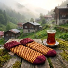 Robotel El Örmesi Kırmızı-Sarı Zikzak Desenli Yün Karışımlı Çorap