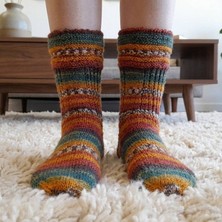 Robotel El Örmesi Toprak Tonları Karma Çizgili Yün Karışımlı Çorap