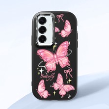 HONTINGA Samsung Galaxy S25 Plus ile Uyumlu Kılıfı Kamera Korumalı Düşüme Önleyici Basitlik Siyah Yumuşak Silikon Telefon Kılıfı Pembe Kelebek Desenli K4-0256
