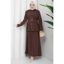 Hafsa Mina Pensli Kemerli Etekli Takım Kahverengi HM2883