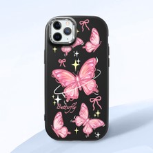 HONTINGA iPhone 11 Pro Max ile Uyumlu Kılıfı Kamera Korumalı Düşüme Önleyici Basitlik Siyah Yumuşak Silikon Telefon Kılıfı Pembe Kelebek Desenli K4-0256